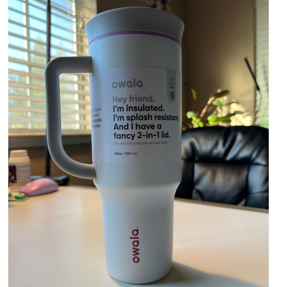 Authentic Owala 40 oz insulated tumbler in a fun white and purple colorway